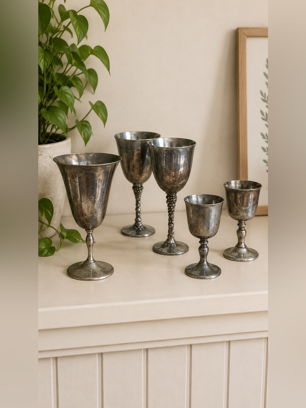 Vintage Silver Plate Goblet Set 6 Mixed Sizes Grape Vine Stem Barware Castlecore